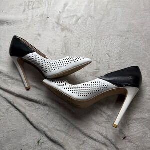 Womens Two Tone Black White Perforated Laser Cut Pointed Toe Stiletto Pumps Heel